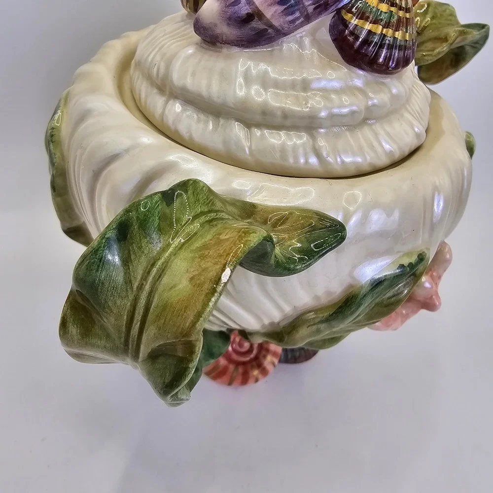 Fitz & Floyd Classics Seashell Covered Sugar Bowl w Spoon Coral Shell Vintage